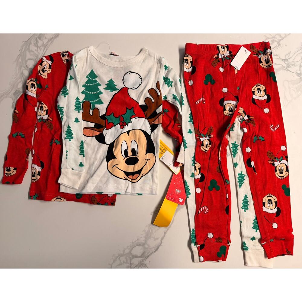 Disney Mickey Mouse Christmas Pajama Set Kids 5T Unisex 4 Piece Red White NWT